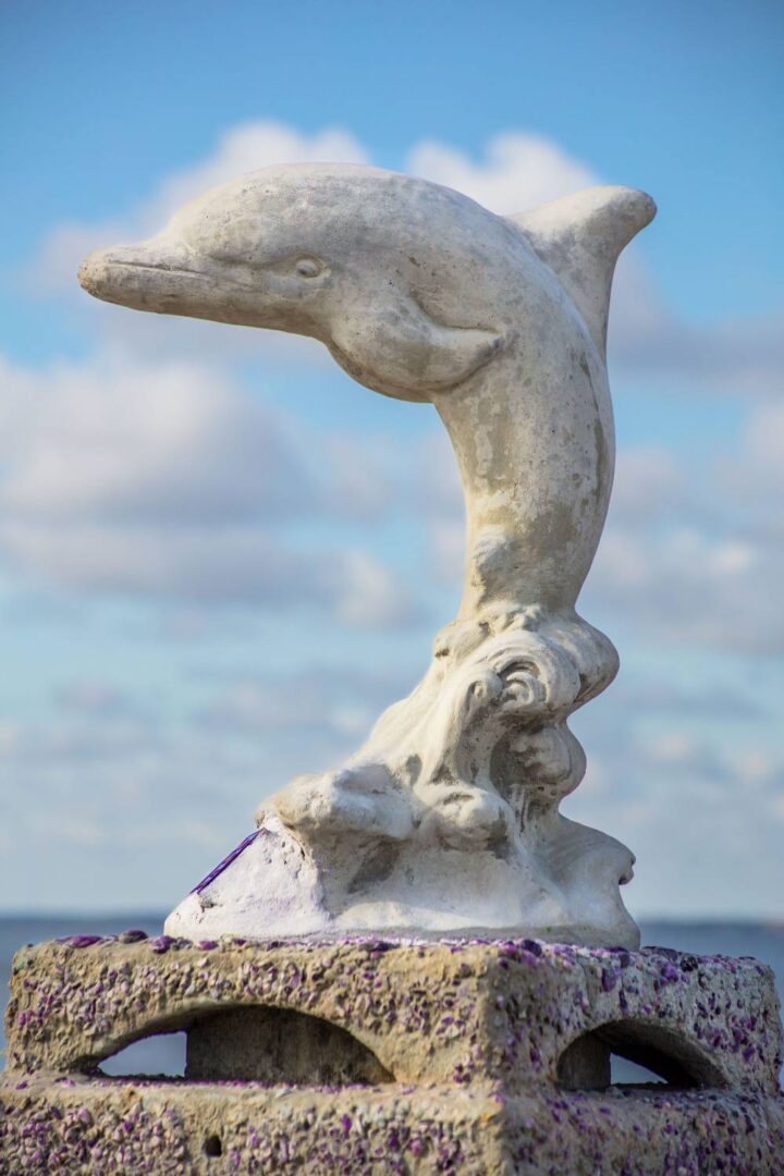 A dolphin statue on the ocean with purple flowers.